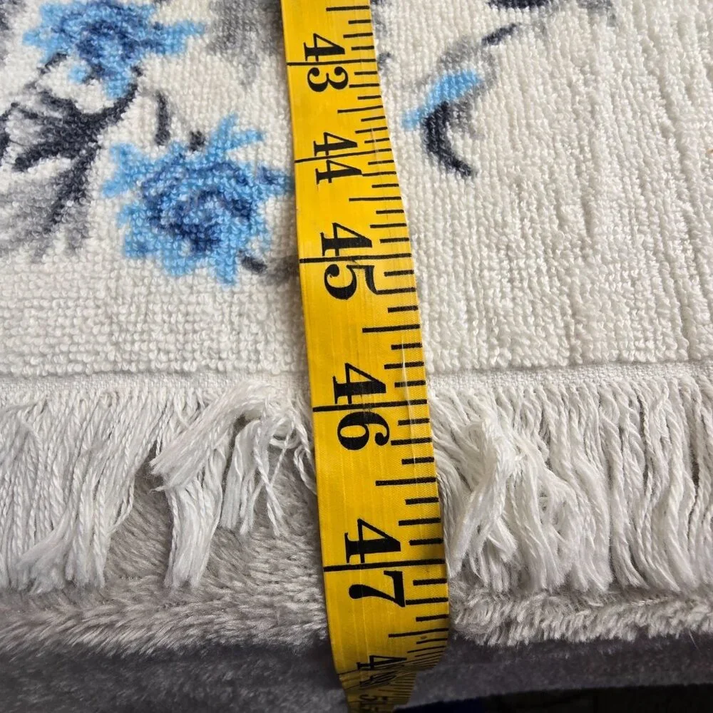 Vintage Bath Towel Blue Rose Floral Fringe Martex USA 23x47 70s Cottagecore Boho